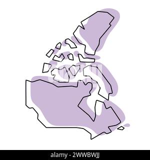 Vereinfachte Karte für Kanada. Violette Silhouette mit dünner schwarzer glatter Kontur isoliert auf weißem Hintergrund. Einfaches Vektorsymbol Stock Vektor