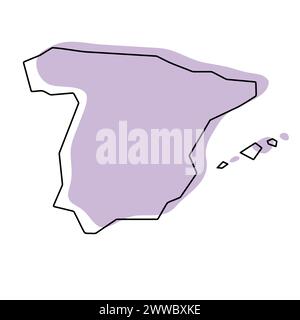 Vereinfachte Karte für Spanien. Violette Silhouette mit dünner schwarzer glatter Kontur isoliert auf weißem Hintergrund. Einfaches Vektorsymbol Stock Vektor