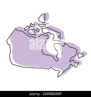 Vereinfachte Karte für Kanada. Violette Silhouette mit dünner schwarzer glatter Kontur isoliert auf weißem Hintergrund. Einfaches Vektorsymbol Stock Vektor