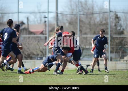 Freundliches Rugby-Spiel zwischen Rumänien U18-Team gegen Polen U18-Team, Bukarest, 23.03.2024 Stockfoto