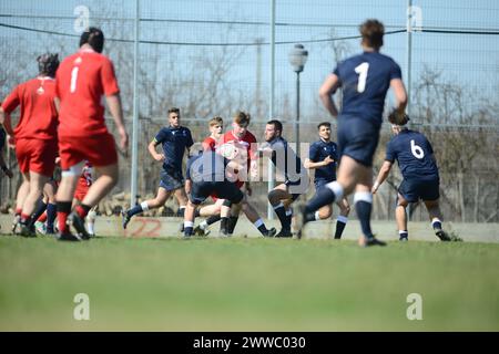 Freundliches Rugby-Spiel zwischen Rumänien U18-Team gegen Polen U18-Team, Bukarest, 23.03.2024 Stockfoto