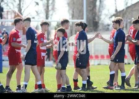 Freundliches Rugby-Spiel zwischen Rumänien U18-Team gegen Polen U18-Team, Bukarest, 23.03.2024 Stockfoto