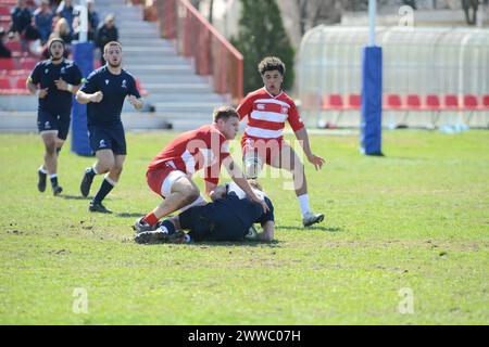 Freundliches Rugby-Spiel zwischen Rumänien U18-Team gegen Polen U18-Team, Bukarest, 23.03.2024 Stockfoto