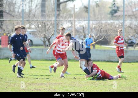 Freundliches Rugby-Spiel zwischen Rumänien U18-Team gegen Polen U18-Team, Bukarest, 23.03.2024 Stockfoto