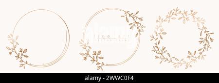 Botanisches goldenes Rahmenset. Handgezeichneter Rundkranz, Blätter und Blumen für Hochzeitseinladungen und -Karten, Logo-Design, soziale Medien und po Stock Vektor