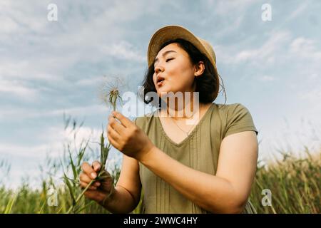 Verspielte Frau, die auf Löwenzahn auf dem Feld bläst Stockfoto