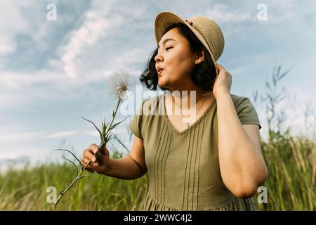 Eine verspielte Frau, die Hut trägt und auf dem Feld auf Löwenzahn bläst Stockfoto