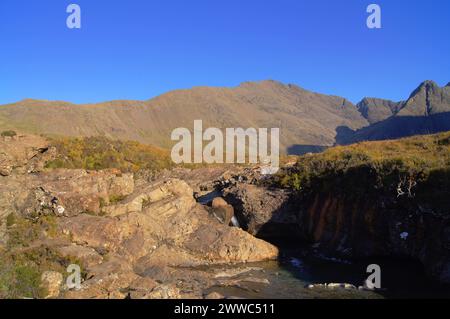 Die Fairy Pools auf der Allen Coire a' Mhadaidh (Burn of the Dog) mit der Black Cuillin Range, Isle of Skye, Schottland, Großbritannien Stockfoto