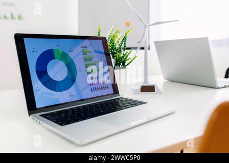 Laptop mit Diagrammen und Diagrammen auf dem Bildschirm in der Nähe des Windkraftanlagenmodells im Büro Stockfoto