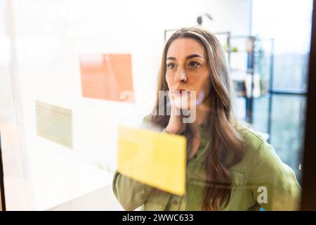 Nachdenkliche Geschäftsfrau untersucht Haftnotizen an Glaswand im Büro Stockfoto