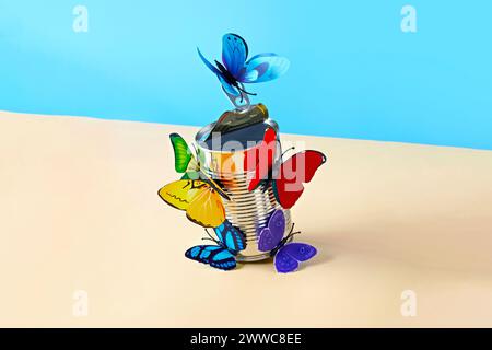 Studio-Aufnahme von Papier-BastelSchmetterlingen, die Dose mit Essen öffnen Stockfoto