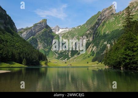 Schweiz, Appenzell Innerrhoden, Panoramablick auf den Seealpsee in den Appenzeller Alpen Stockfoto