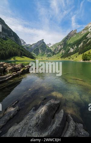 Schweiz, Appenzell Innerrhoden, Panoramablick auf den Seealpsee in den Appenzeller Alpen Stockfoto