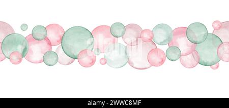 Nahtloser Rand aus rosafarbenen, grünen Polka Dots. Kreise in sanften Pastellfarben. Kreativer, minimalistischer Stil. Spritzer, runde Kritzelpunkte Stockfoto