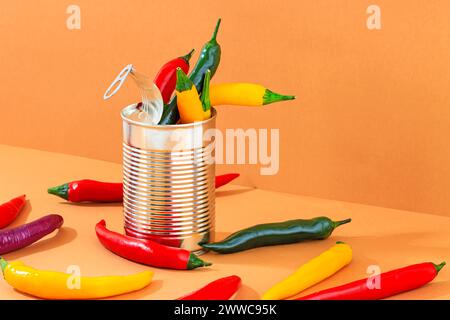Studio-Aufnahme von Chili-Paprika in Aluminiumdose Stockfoto