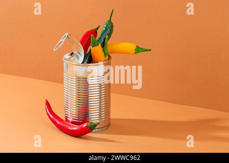 Studio-Aufnahme von Chili-Paprika in Aluminiumdose Stockfoto