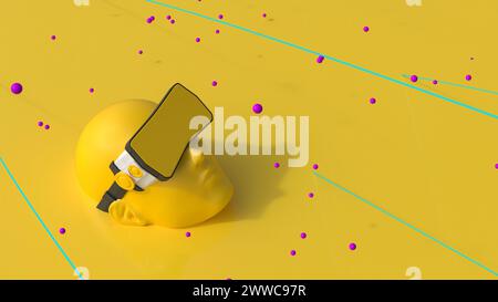 3D-Rendering eines menschlichen Kopfes mit VR-Brille Stockfoto