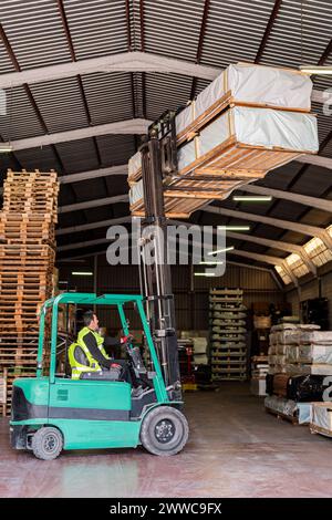 Gabelstaplerarbeiter, der Holzpaletten im Lager transportiert Stockfoto