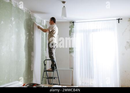 Mann auf der Trittleiter klebt Tapeten im Wohnzimmer zu Hause Stockfoto
