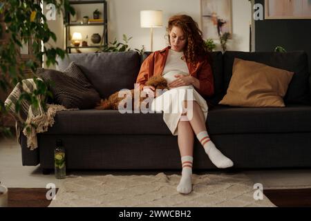 Junge werdende Frau streichelt Hund auf Sofa Stockfoto