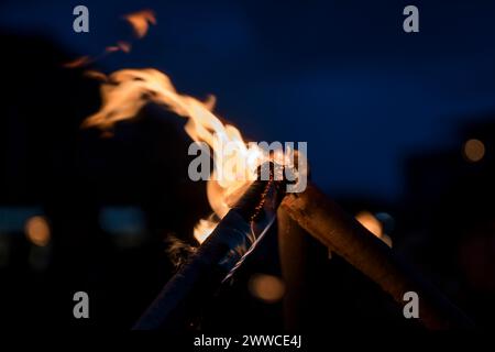 Nahaufnahme des nächtlichen Lagerfeuers Stockfoto