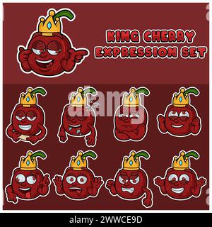 Cartoon von King Cherry Expression Set mit Krone. Vektorabbildungen. Stock Vektor