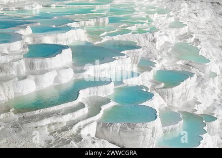 Pamukkale in der Provinz Denizli im Südwesten der Türkei. Die Gegend ist berühmt für ein Karbonat-Mineral, das durch das Fließen des Thermalwassers hinterlassen wird. Stockfoto