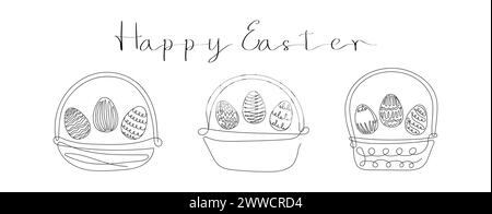 Set aus Korbkörben mit Ostereiern und Happy Easter Greeting. Durchgehende einzeilige Zeichnung. Schwarzer Vektor isoliert auf weißem Hintergrund. Für Osterangebote, Grußkarten, Weihnachtseinladungen. Stock Vektor