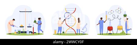 Labor-Forschungsset Chemie und Genetik. Winzige Leute wiegen Chemikalien auf der Skala, studieren DNA Molekül mit Lupe, Wärmflaschen auf Brenner für Labor Experiment Cartoon Vektor Illustration Stock Vektor