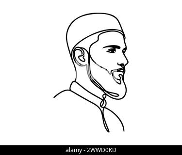 Durchgehende einzeilige Zeichnung des muslimischen Mannes. Stock Vektor