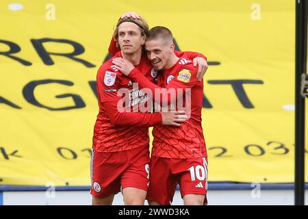 Birkenhead, Großbritannien. März 2024. Danilo Orsi. Alias Danilo Orsi-Dadomo aus Crawley Town (l) feiert mit seinem Teamkollegen Ronan Darcy aus Crawley Town (10), der seinem Team das 3. Tor erzielt. EFL Skybet Football League Two Match, Tranmere Rovers gegen Crawley Town im Prenton Park, Birkenhead, Wirral am Samstag, 23. März 2024. Dieses Bild darf nur für redaktionelle Zwecke verwendet werden. Nur redaktionelle Verwendung, .PIC von Chris Stading/ Credit: Andrew Orchard Sportfotografie/Alamy Live News Stockfoto