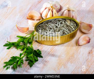 Dose mit natürlichen Elchen in Knoblauchgurke Stockfoto