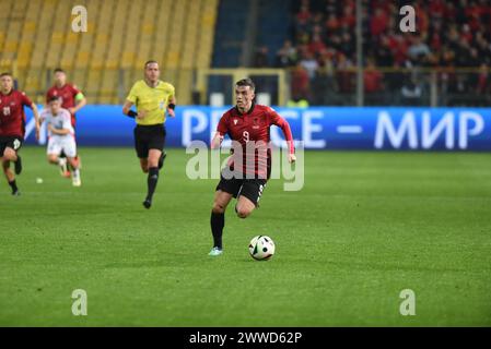 Parma, Italien. März 2024. Der albanische Fußballspieler VICTOR DAVILA in Aktion während des Freundschaftsfußballspiels zwischen Albanien und Chile, das in der italienischen Stadt Parma stattfand (Credit Image: © Ervin Shulku/ZUMA Press Wire) NUR REDAKTIONELLE VERWENDUNG! Nicht für kommerzielle ZWECKE! Stockfoto