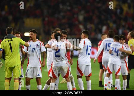 Parma, Italien. März 2024. Chilenische Fußballnationalmannschaft feiert ihren Sieg 3-0 gegen Albanien, Freundschaftsspiel in Parma in Italien (Foto: © Ervin Shulku/ZUMA Press Wire) NUR REDAKTIONELLE VERWENDUNG! Nicht für kommerzielle ZWECKE! Stockfoto