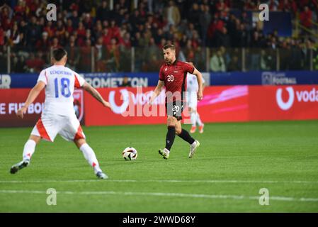 Parma, Italien. März 2024. Der albanische Fußballspieler YLBER RAMADANI während des Freundschaftsfußballspiels zwischen Albanien und Chile, das in der italienischen Stadt Parma ausgetragen wurde (Foto: © Ervin Shulku/ZUMA Press Wire), NUR REDAKTIONELLE VERWENDUNG! Nicht für kommerzielle ZWECKE! Stockfoto