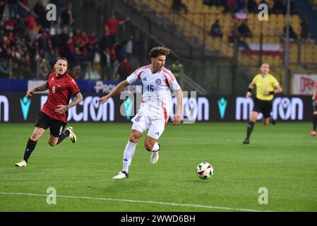 Parma, Italien. März 2024. Der chilenische Fußballspieler IGOR LICHNOVSKY in Aktion während des Freundschaftsfußballspiels zwischen Albanien und Chile in der italienischen Stadt Parma (Foto: © Ervin Shulku/ZUMA Press Wire) NUR REDAKTIONELLE VERWENDUNG! Nicht für kommerzielle ZWECKE! Stockfoto