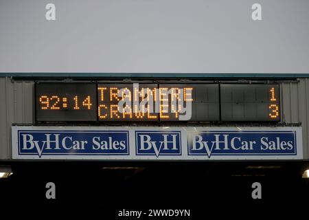 Birkenhead, Großbritannien. März 2024. Allgemeiner Überblick über den Tranmere Rovers-Anzeiger. EFL Skybet Football League Two Match, Tranmere Rovers gegen Crawley Town im Prenton Park, Birkenhead, Wirral am Samstag, 23. März 2024. Dieses Bild darf nur für redaktionelle Zwecke verwendet werden. Nur redaktionelle Verwendung, .PIC von Chris Stading/ Credit: Andrew Orchard Sportfotografie/Alamy Live News Stockfoto