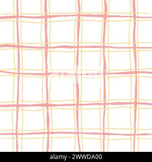 Kariertes, quadratisches, kariertes Vektormuster. Vertikal und horizontal handgezeichnet, kreuzend rote gelbe Streifen. Geometrischer Hintergrund mit Schachzug. Freihanddood Stock Vektor