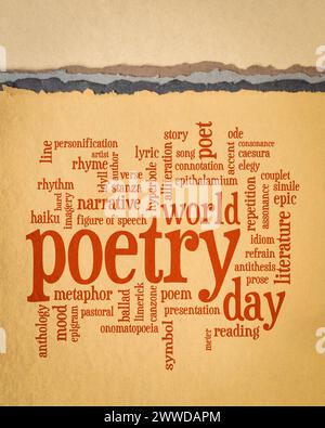 World Poetry Day - Wortwolke auf Kunstpapier, vertikales Poster Stockfoto