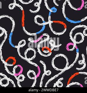 Nahtloses Muster aus farbenfrohen abstrakten Squiggles-Mustern, durchgehender Linie, strukturierter Kritzelspirale und welligen Linien. Retro 80s Chaotischer Tintenstift Stock Vektor