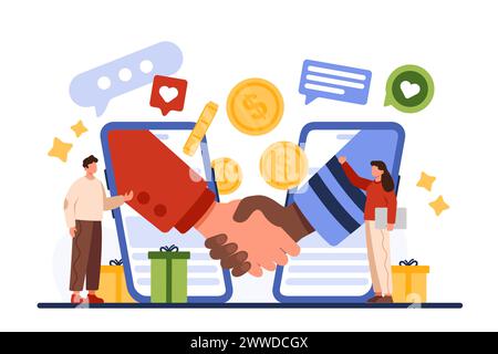 Treueprogramm zur Empfehlung von Freunden, Partnerschaften und Erfolgsvereinbarungen. Handschlag von zwei großen Händen von Handy-Bildschirmen, um Deal, Zusammenarbeit und Boni Karikaturvektor Illustration zu feiern Stock Vektor