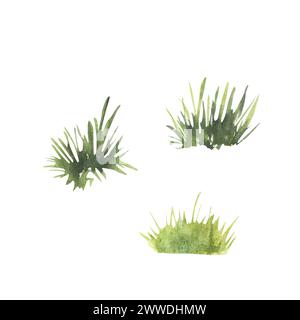 Grünes Gras Patch Set Aquarell. Handgemaltes Sommerfeld-Clipart für Hintergründe, Banner, Karten und Kindermotive. Ideal für Naturthemen Stockfoto
