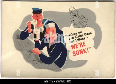 Propagandaplakat aus dem Zweiten Weltkrieg um 1943, das die anglo-amerikanische Allianz fördert, mit Darstellungen britischer und amerikanischer Seeleute und Bildern von Hitler und Goebbels im Hintergrund. Stockfoto