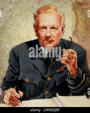 Das Ölporträt von Air Chief Marshal Sir Arthur Harris, gemalt von William Little im Jahr 1946, zeigt den leitenden Offizier der Royal Air Force, der das Bomber Command während des Zweiten Weltkriegs führte, in Verbindung mit dem Geschwader 617 und der Operation Chastise. Stockfoto