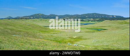 Panorama der Prärie-Feuchtgebiete unter den kleinen felsigen Bergen in der Nähe von Zortman, montana Stockfoto