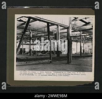 Beschreibung: Toyo Rubber Tire Company - Mukden, Mandschurei. Fotografiert vom US Signal Corps, 16. Juni 1946. Reifenherstellungsgebäude (Ansicht Nr. 2). (Foto in der Mitte des Gebäudes aus der entgegengesetzten Richtung zu der in Ansicht Nr. 1). Alle Maschinen wurden während der sowjetischen Besetzung entfernt. Ort: Mukden, China Datum: 16. Juni 1946 china, asien, asiathroughalens Stockfoto