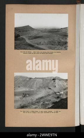 Beschreibung: Blick von der Mishun-Shah Taslim Road auf Kuh-i-khumi, den imposanten 10.000 Meter hohen Berg, der sich direkt von Gach Qaraguli befindet. Lage: Mishun, Kuh-i-Khumi, Gach Qaraguli, Persien Beschreibung: Der Fluss Zurah bei Godar-i-Cham-A Maultierkarawanenüberquerung. Eine Autofähre (anstelle einer Brücke) wird im Bau am anderen Ufer gesehen. Lage: Godar-i-Cham, Persien Stockfoto