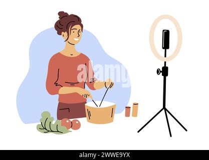 Eine Bloggerin bereitet live ein Gericht vor Stock Vektor