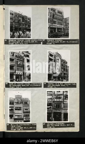 Mehrere Büros und Clubs in Hongkong, darunter die Chinese Clerks Association, Economic Monthly, Takung Pao und Shanghai Bookstore, befanden sich 1955 entlang der Connaught Road und des Voeux Road, mit verschiedenen Flaggen in den oberen Stockwerken. Stockfoto