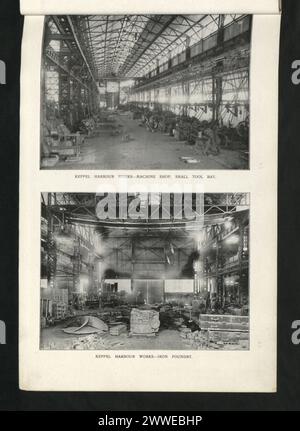 Keppel Harbour arbeitet in Singapur, Malaya, und umfasst eine Maschinenfabrik mit einem kleinen Werkzeugplatz und eine Eisengießerei, in der industrielle Betriebe und Metallarbeiten gezeigt werden. Stockfoto